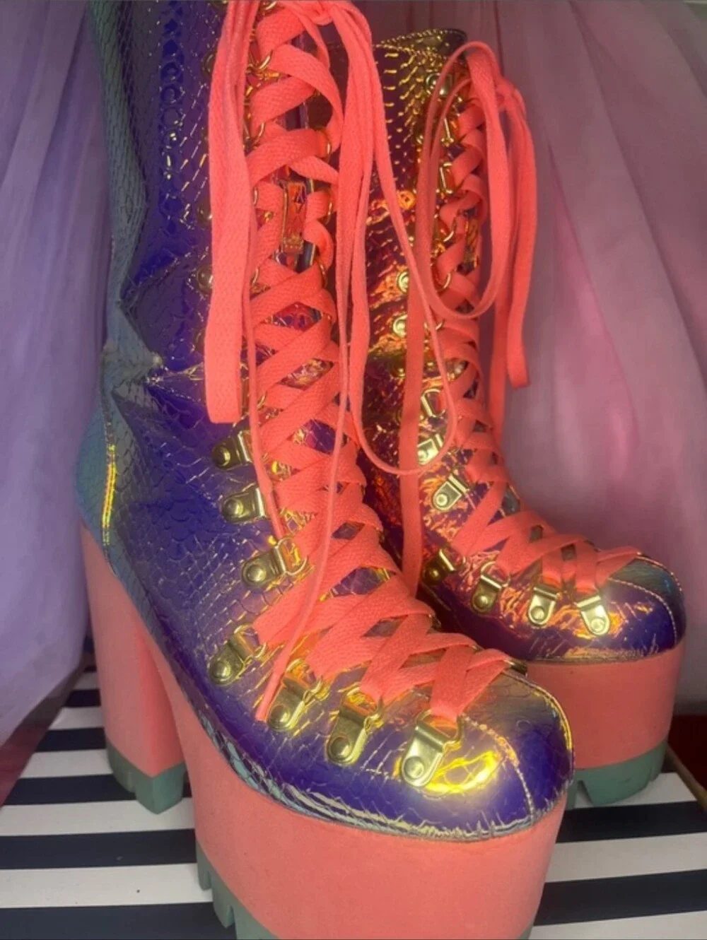 Dolls Kill Iridescent Purple Lace-Up Platform Boots with Coral Laces Size 7